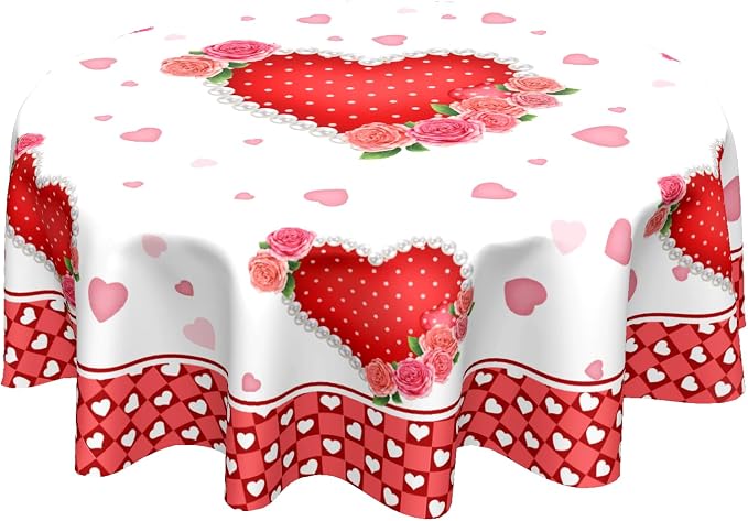 Sweetshow Valentines Day Table Cloth Round Red Hearts Pink Rose Flower Tablecloth 60 Inch with Check Plaid Decor Washable Stain and Wrinkle Love Romantic Round Table Cover for Dining Picnic