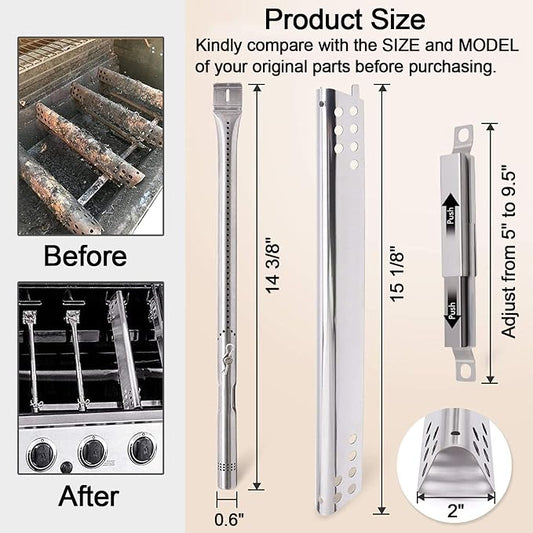 JCLMER Grill Replacement Parts for Charbroil Advantage 3 Burner 463343015 | Stainless Steel Grill Burner & Heat Plate for 463335115 463642116,with Crossover Tubes,Heavy-Duty Heat Evenly,Uniform Heating