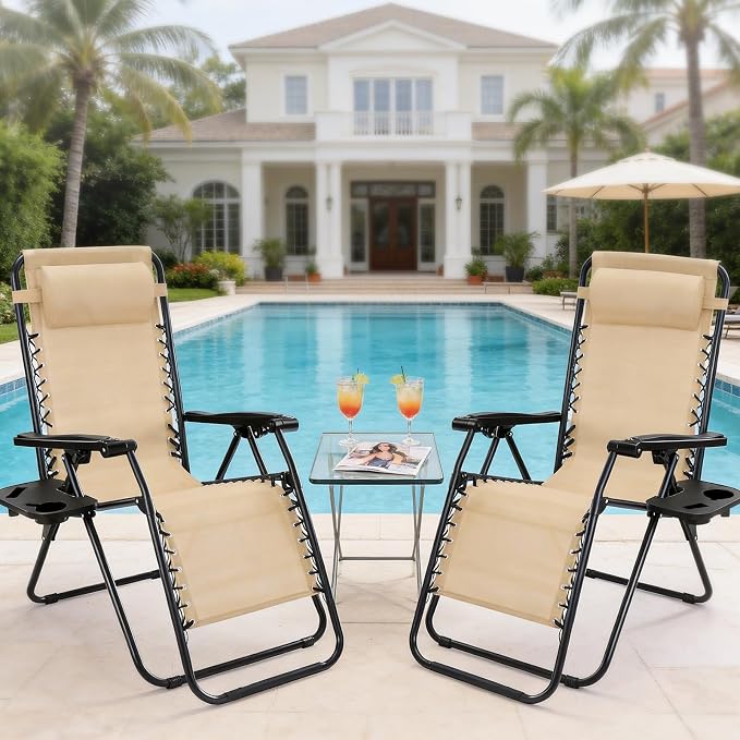 NEWBULIG Zero Gravity Chairs Set of 2, Folding Lounge Chair, Khaki | Portable Lawn Camping Recliner with Adjustable Pollow, Mesh Back, Cup Holder Trays for Pool Beach Patio