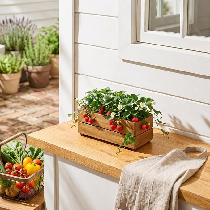 THYOI Premium Wooden Planter Box, Storage Box 17" L x6 W x5.5 H with Crate Style, Acacia Wood Flower Container, Rustic Rectangle Planter for Planting, Decor and Storage - 3 Colors (Golden Teak)