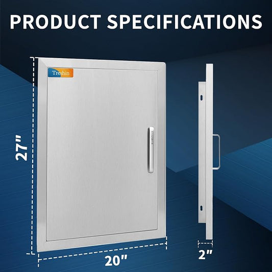Treshin Outdoor Kitchen Door 20" W x 27" H, Single BBQ Access Doors | Stainless Steel Door with Magnetic Closure & Hooks, Flush Mount for Grill Island, Outdoor Kitchens, BBQ Station
