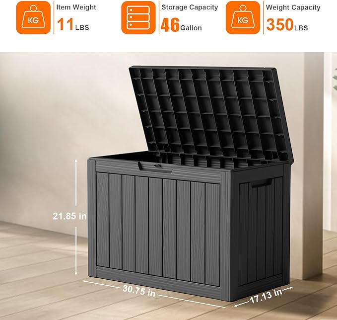 46 Gallon Outdoor Deck Box, Resin Waterproof Storage Box With Lockable Lid, UV-Resistant Multi-Purpose Outdoor Storage Bench for Patio Cushions, Garden Tools, Pool Accessories (46 Gallon, Black)