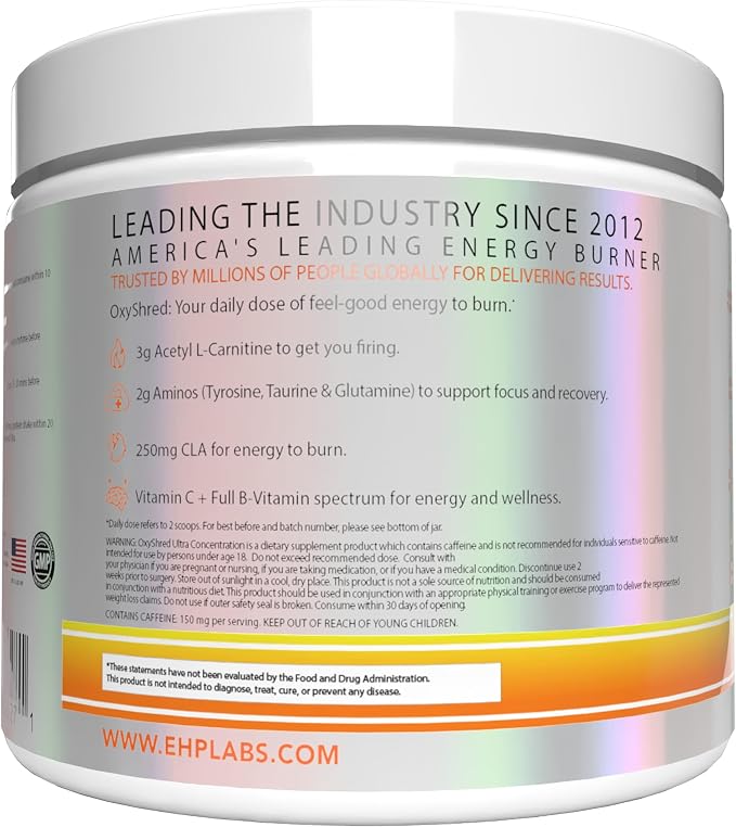 EHP Labs OxyShred Pre Workout Powder - Mango, 33 Servings | Supports Energy, Focus and Endurance with Acetyl L Carnitine and L Glutamine, Thermogenic Formula, Sugar Free, Zero Jitters