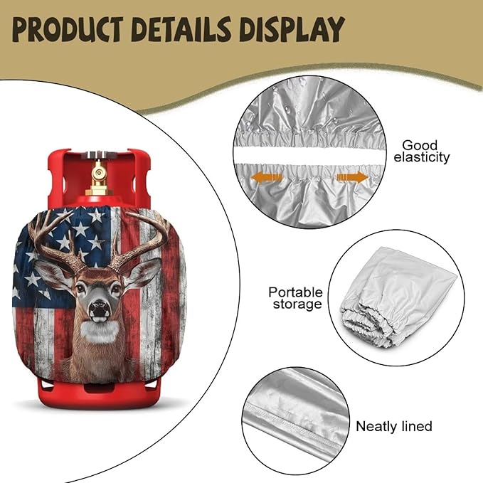 Dual Propane Tank Cover 20lb Gas Tank Cover Outdoor 600D Heavy Duty Waterproof Covers Fits Standard 20 lb Cylinder, 13.7'' x 16.5'' American Flag Deer