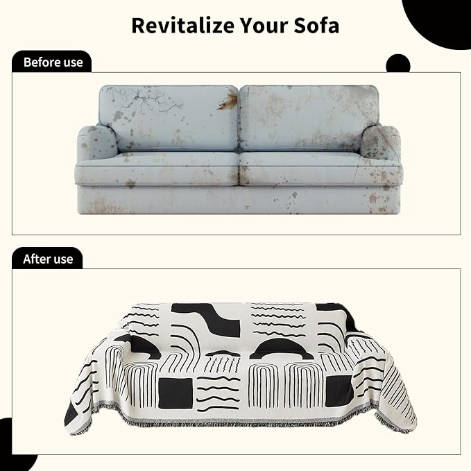 WEYOND Chenille Couch Cover Tassels, Sofa Cover Washable, 71" x 102", Black | Boho Sofa Slipcover for 3 Cushion Couch, L-Shaped Sectional, Loveseat, 2/3/4 Seater