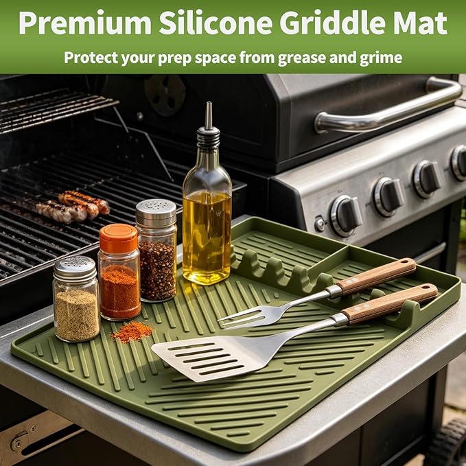 Silicone Griddle Tools Mat for Blackstone Weber, Extra Large 16" x 11.6" Spatula Mat with Drip Pad, Heat Resistant BBQ Accessories Organizer for Outdoor Grill Side Shelf, BBQ Gifts for Men