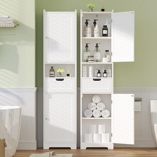 TidyHaven 67" H Tall Bathroom Storage Cabinet, Slim Narrow Organizer with Adjustable Shelves, 2 Doors & 1 Drawer, Freestanding Floor Cabinet for Bathroom, Kitchen, Living Room(White)
