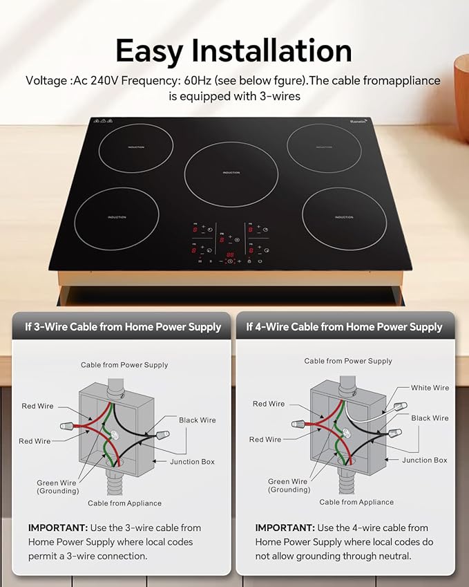 Ranein 30 Inch 5 Burner Induction Cooktop, Max 9200W 240V Durable Panel Built-in Electric Stove Top,with Child Safety Lock, Timer, Over-Temperature Protection