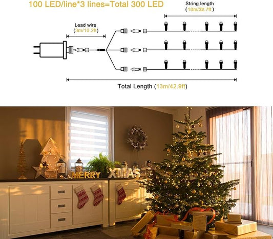 JMEXSUSS 300 LED Warm White Christmas Tree Lights Plug in | 8 Modes, Indoor Outdoor Use, Waterproof, Green Wire Christmas String Lights for Tree Yard Garden Patio Xmas Decor