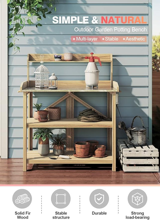 ARNOT Potting Bench, Enhanced 3-Shelf Potting Benches for Outdoors, Wooden Garden Potting Bench Tables W/Metal Tabletop & Cabinet Drawer, 3 Hooks