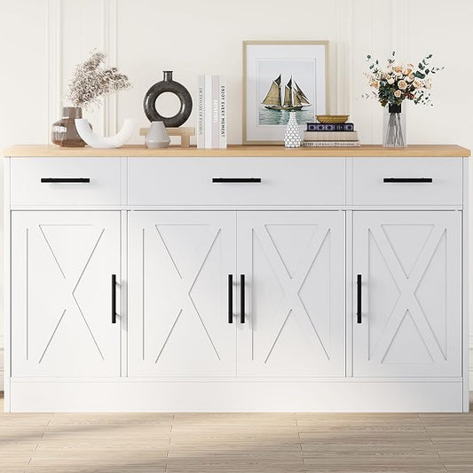 Shintenchi Buffet Cabinet with Storage,53.4" Large Kitchen Storage Cabinet with 3 Drawers and 4 Doors,Wood Farmhouse Buffet Sideboard with Adjustable Shelf for Kitchen Living Room, White