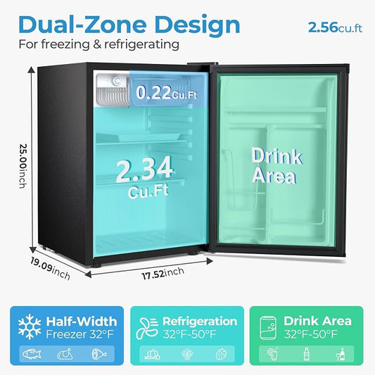 Antarctic Star 2.56 Cu.Ft. Mini Fridge with Freezer, Small Refrigerators with Adjustable Thermostat, Low Noise, Energy Saving, Compact Refrigerators for College Dorm, Office, Bedroom, Stainless Steel