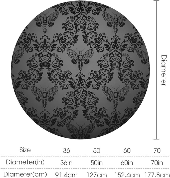 Black Damask Round Tablecloth Gothic Vintage Floral Skull Exotic Moth Antique Table Cloth Water Resistant Wipeable Table Cover for Farmhouse Party Holiday Kitchen Dinner Table 70"