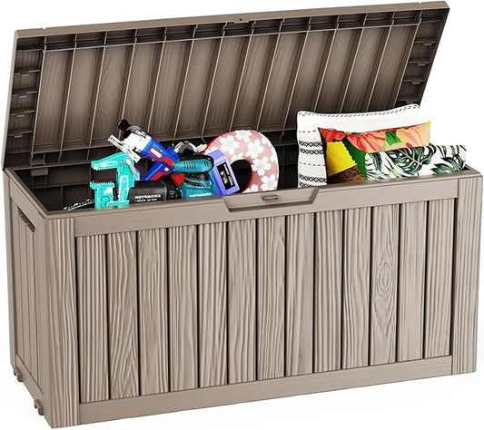 Pepe Tee Waterproof Resin Deck Box, Outdoor Storage Bin for Patio Furniture Cushions, All-Weather Garden Organizer & Seating Bench, Coffee