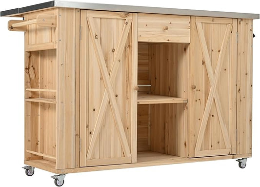 52.25" W Outdoor Grill Cart Table with Stainless Steel Tabletop, Patio Kitchen Island Storage Cabinet for BBQ, Bar