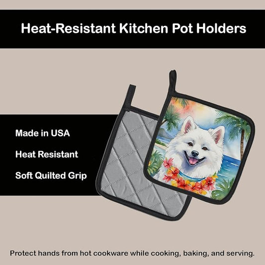 Caroline's Treasures American Eskimo Luau Pair of Pot Holders Kitchen Heat Resistant Pot Holders Sets Oven Hot Pads for Cooking Baking BBQ, 7 1/2 x 7 1/2
