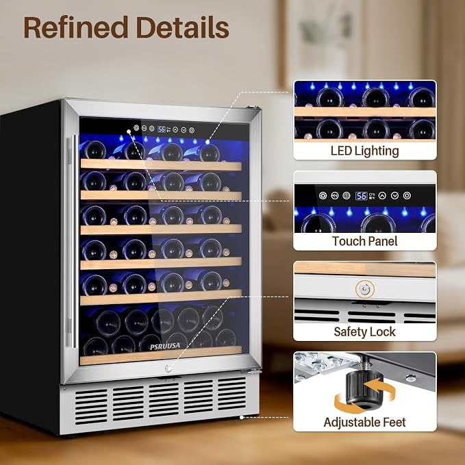 24 Inch Wine Fridge 51 Bottles Wine Cooler with Glass Door, Wine Refrigerator Temperature Control, Built-in Freestanding or Under Counter Wine Cellar for Home Bar, Bedroom