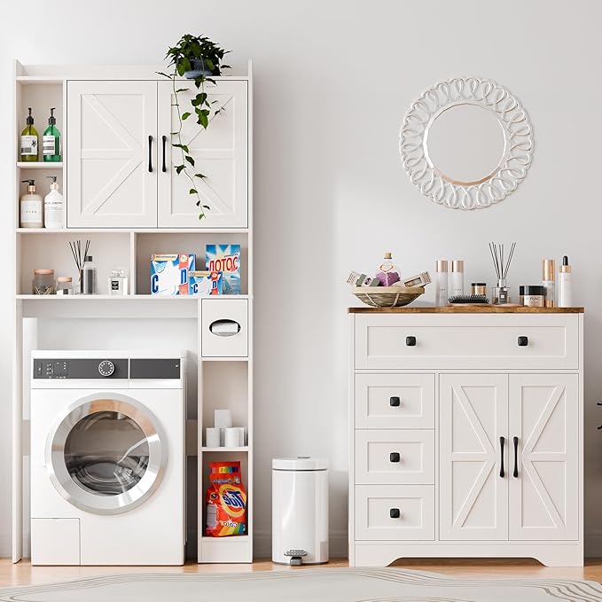 Vabches Farmhouse Storage Cabinet with 2 Doors and 4 Drawers, Freestanding Bathroom Storage Cabinet Kitchen Pantry, Floor Hutch Cupboard for Living Room/Bathroom/Kitchen.(Antique White