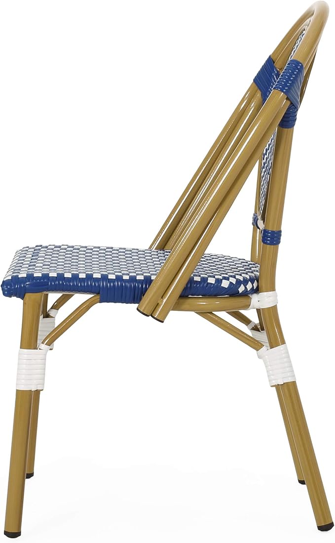 Christopher Knight Home Gwendolyn Outdoor French Bistro Chairs (Set of 2), Blue + White + Bamboo Print Finish