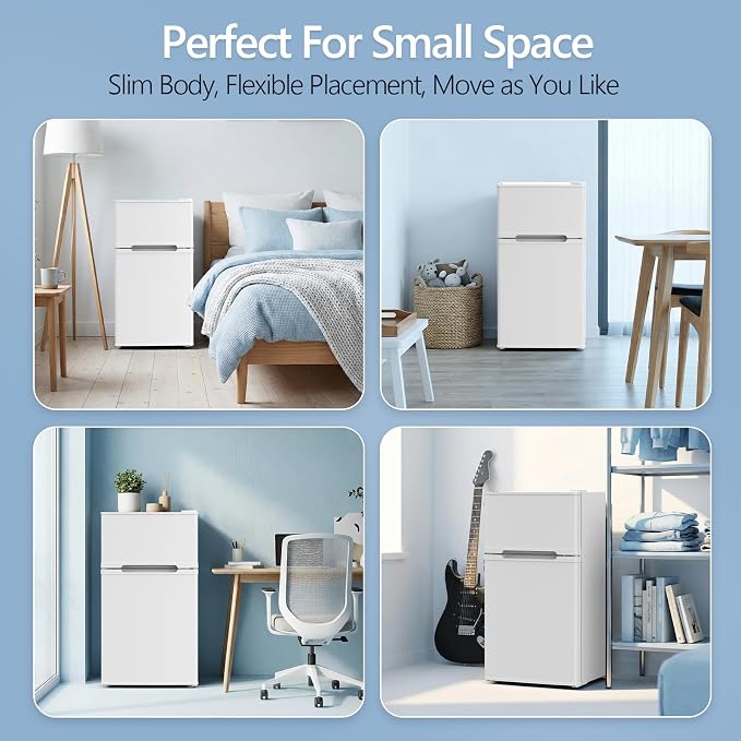 Electactic 2.5 Cu.Ft Mini Fridge with Freezer, Double-Door Compact Refrigerator, Adjustable Glass Shelves, Mechanical Thermostat & Leveling Feet, Space-Saving for Apartment/Dorm/Office, White