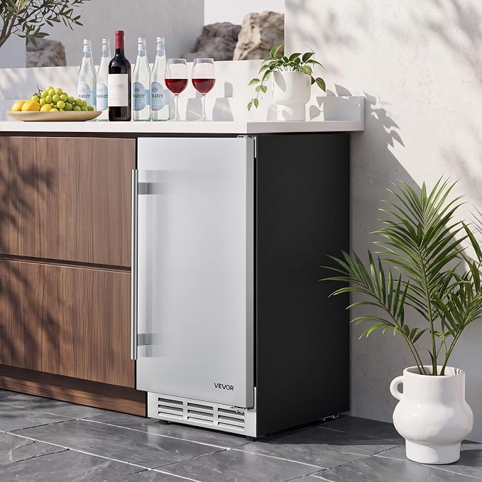 VEVOR Outdoor Beverage Refrigerator, 15 Inch Undercounter Drink Fridge | 304 Stainless Steel Door, 3.0 Cu. Ft, Hold 94 Cans, Powerful Cooling System, Built-in / Freestand Cooler, Home Bar & Patio