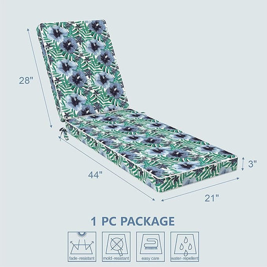 LVTXIII Outdoor Chaise Lounge Cushion 72x21x3 Inch, Water-Repellent Patio Seat Cushion with Ties & Hidden Zipper, Thick Foam Pad for Lawn Chair, Poolside, Patio Furniture, Blue Salmone Tropical