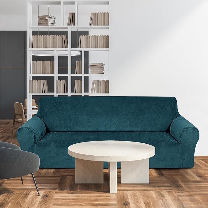 Peryiter 3 Pcs Couch and Loveseat Sofa Covers,Deep Teal,Velvet | Armchair Covers for Living Room, Sofa Cushion Slipcover, Furniture Protector, Polyester and Spandex, Washable