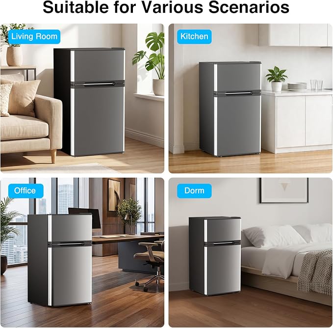 Kismile 2.5 Cu.Ft Mini Fridge with Freezer, Double Door Fridge, Silver | Reversible Door Compact Refrigerator with Mechanical Thermostat & Removable Shelves, Quiet for Bedroom Office