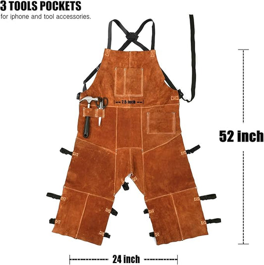 QeeLink Leather Welding Apron Split Leg for Men - Spark Flame Heat Resistant Bib Protective Chaps - Heavy Duty Cowhide Pants