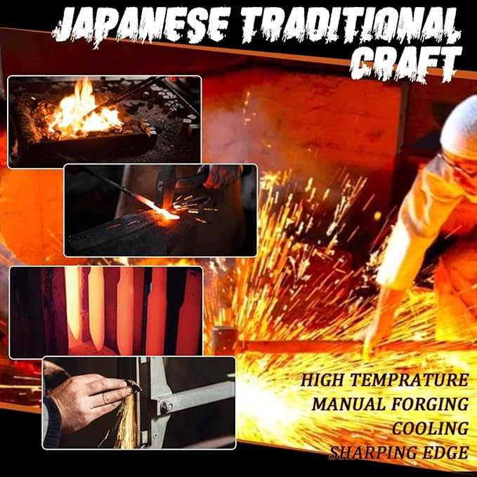 Hand Forged Hunting Knife with Leather Sheath High Carbon Steel Full Tang Butcher Boning Knife for Camping Hiking Fishing BBQ Single Blade Outdoor Cleaver for Meat Cutting and Game Processing