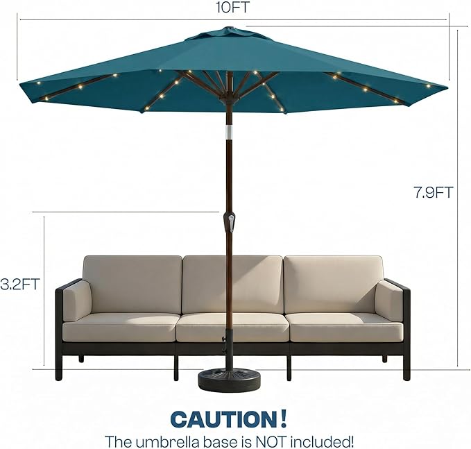 10FT Solar Patio Umbrella with Lights, Outdoor Table Market Umbrella with 32 LED Lights, 8 Sturdy Ribs, Push Button Tilt and Crank for Pool, Deck and Garden, UV-Resistant
