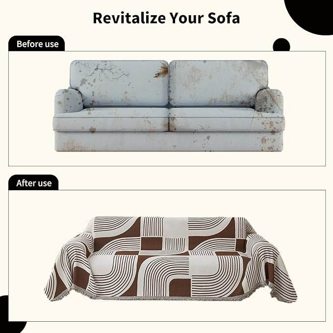 WEYOND Boho Couch Cover, Chenille Sofa Covers Washable, 91" x 150", Coffee | Couch Covers for 3 Cushion Couch Sofa Pet Friendly, Bohemian Sofa Slipcovers for Sectional Sofa, Loveseat, 2 3 4 Seater