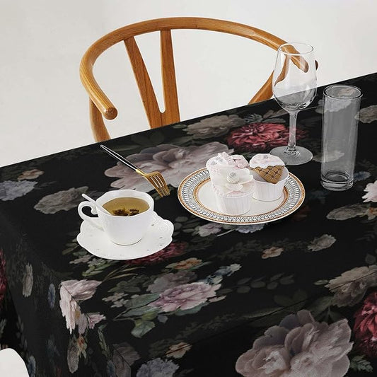 Vintage Florals Tablecloth, Black Pink Garden Gothic Flowers Rustic Roses Boho Botanical Plant Water Resistant Wipeable Table Cover for Picnic Party Holiday Kitchen Dinner Table 60"x110"