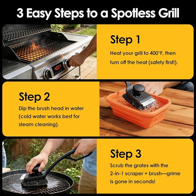 Bristle-Free Silicone BBQ Grill Brush - No Wire Risk, Fast Burnt Grease Removal - 3 Detachable Heads, 2 Extra Replacements, Collapsible Water Cup & Scraper for Gas, Charcoal, Cast Iron Grates
