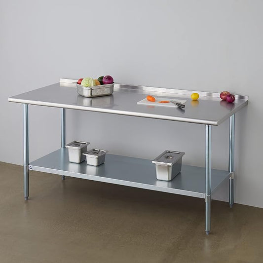 ROCKPOINT Stainless Steel Table for Prep & Work with Backsplash 30x72 Inches, NSF Metal Commercial Kitchen Heavy Duty Table with Adjustable Under Shelf and Table Foot for Restaurant, Home and Hotel
