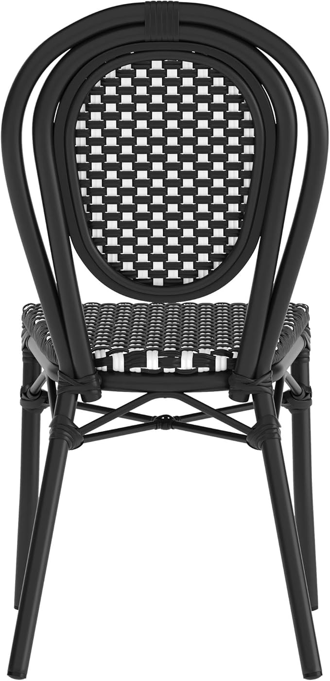 Flash Furniture Lourdes Indoor/Outdoor Commercial Thonet Bistro Stack Chair - Black/White PE Rattan Back and Seat - Black Metal Frame - Set of 2