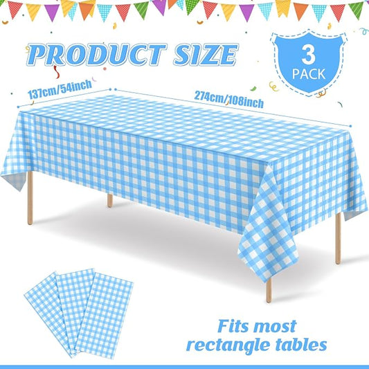 3Pcs Light Blue Gingham Tablecloths, Checkered Party Table Covers 54x108 In | Blue and White Checkered Tablecloths Disposable Waterproof for Baby & Bridal Shower Picnic Camping Birthday Outdoor Tea Party