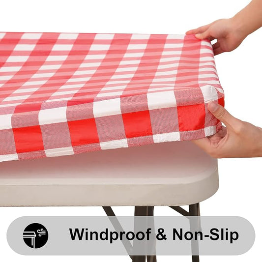Smiry Rectangle Picnic Table Cloth, Elastic Waterproof Fitted Vinyl Tablecloths, Flannel Backed Buffalo Plaid Table Covers for Dining, Camping, Outdoor (White and Red, 30" x 72")