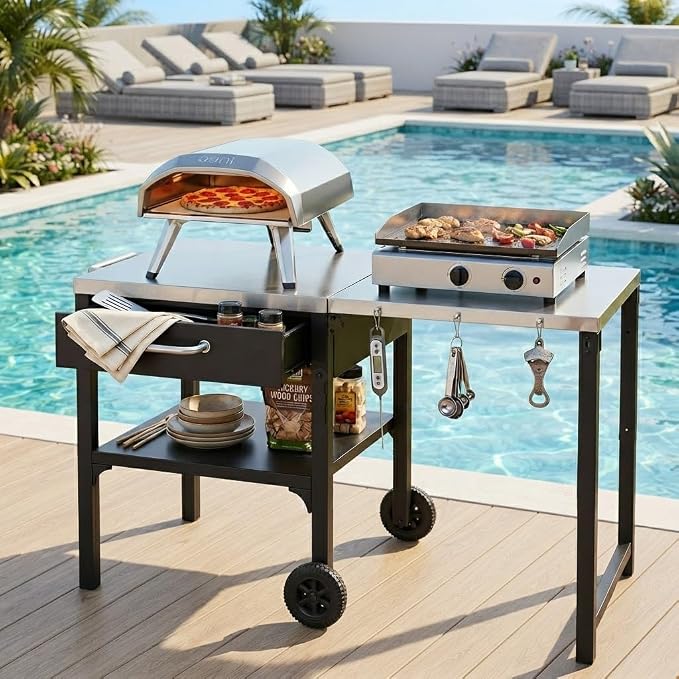 55” Outdoor Grill Table with Storage Cabinet & Folding, Metal | Stainless Steel Top Grill Cart for Kitchen with Wheels & Hooks, Kitchen Island Prep Table/Pizza Oven Table for BBQ Backyard