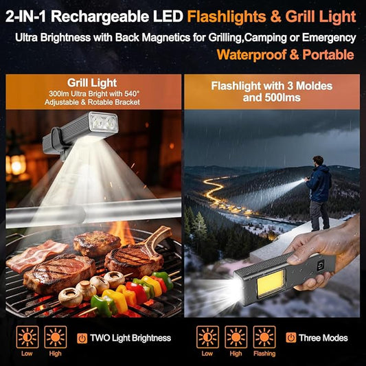 Rechargeable LED Grill Lights and Flashlight for Outdoor Grill with Magnetic, IPX5 Waterproof, 2-Level Brightness, USB-C Charging, Portable Grill Accessories, Grilling Gift for Men, Dad, Grill Lights