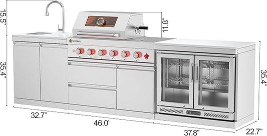 SERA C 4-Burner Propane 3-Piece Outdoor Kitchen with Sink Fridge | 75,300 BTU + side burner, 115L double fridge, dual sink with pull-out faucet, 304 ss, locking casters, patio backyard