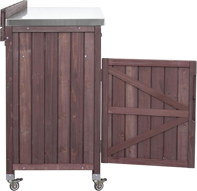 JIVOIT 39.4" Outdoor Kitchen Island with Stainless Table Top, Solid Fir Wood Storage Kitchen Cabinet with Drawer, Adjustable Shelves, Internal Storage Racks & 4 Wheels, Two Doors (Dark Brown/9)