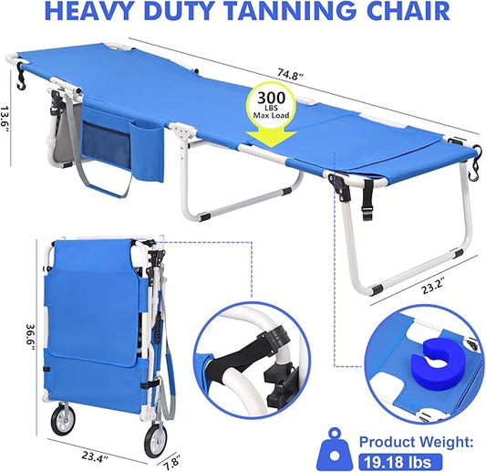 Wheel-To-Go Tanning Chair with Wheels & Face Hole Thicker Washable Adjustable, Heavy Duty Folding Lounge Chair, Outside Beach Sunbathing Reading Poolside, Lay Flat Sun Lounger, 300 LBS (Patent Design)