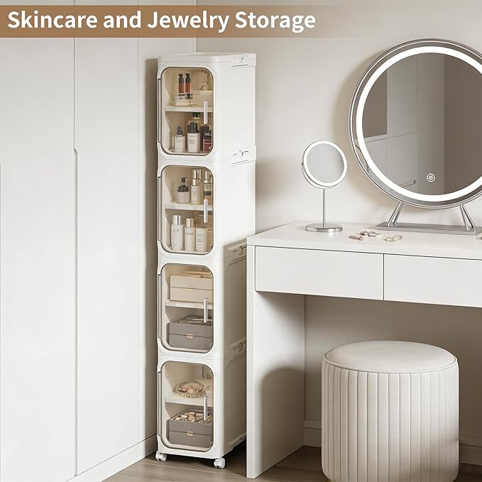 LXLXXL Narrow Storage Cabinet Slim Bathroom Storage Cabinet with Movable Wheels Tall Bathroom Organizer Skinny Cabinet for Small Spaces,2-Tier Beige