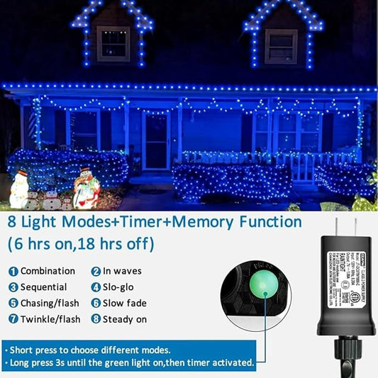 YEGUO 66ft 200 LED Blue String Lights Outdoor Waterproof, Green Wire Christmas Lights Indoor, 8 Modes Twinkle Tree Lights Plug in with Memory Timer
