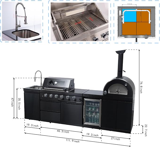 112" Outdoor Kitchen Island,Propane BBQ Grill with Pizza Oven,108000 BTU. | Stainless Steel Grill with Side Burner,Rotisserie,Refrigerator,Granite Countertop,Sink & Storage Cabinets.Sleek Black Finish.