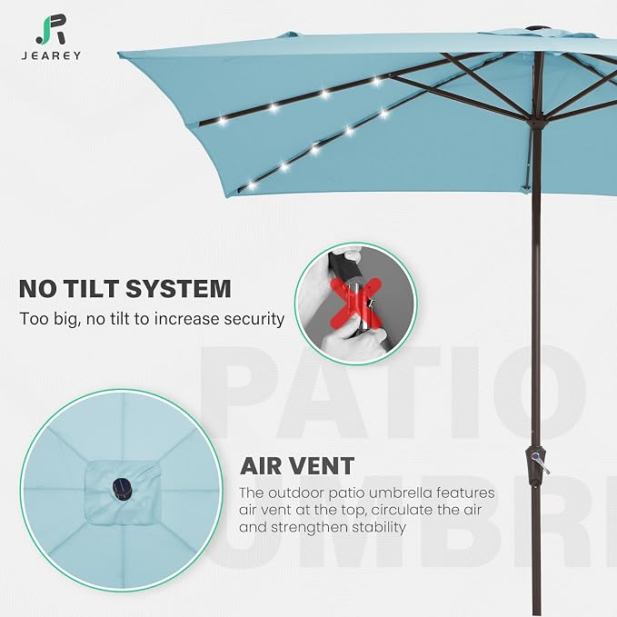JEAREY 8x10' Rectangle LED Lighted Umbrella Patio Umbrella Outdoor w/Crank | Solar Market Umbrellas with 8 Sturdy Ribs, UV Protection Waterproof Sunproof for Pool, Deck, Backyard(Lake Blue)