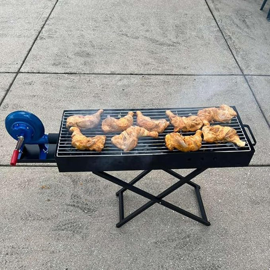 Heavy Duty Charcoal BBQ Grill with Fan & Lid – Portable Outdoor Barbecue Grill, Folding Stand, Metal Charcoal Grill for Camping, Backyard, Picnic (Large)