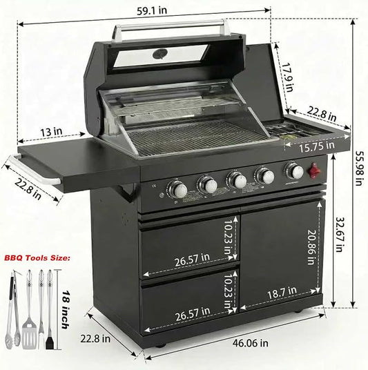46" Outdoor BBQ Island Grill (No Sink/Fridge), 75,300 BTU 4 Burners + Side Burner, Infrared Rear Burner, LP/NG Convertible, Granite Top, Rotisserie, Stainless Steel Outdoor Kitchen Island