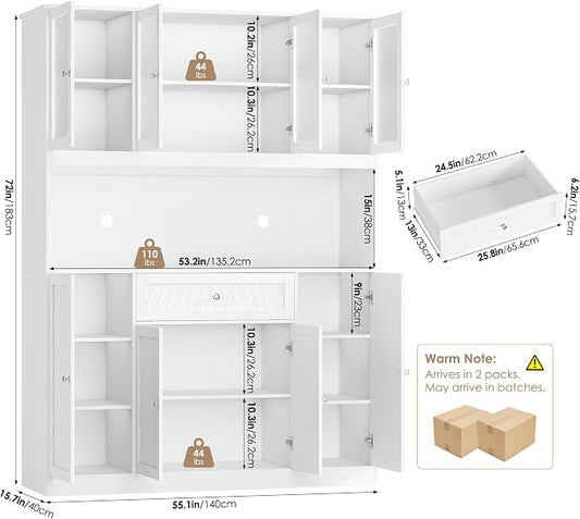 BOTLOG 72" Tall Kitchen Pantry Cabinet 15.7" D x 55.1" W x 72" H | Large Kitchen Hutch with Microwave Countertop, Coffee Bar Station with Drawer & Doors for Dining Room